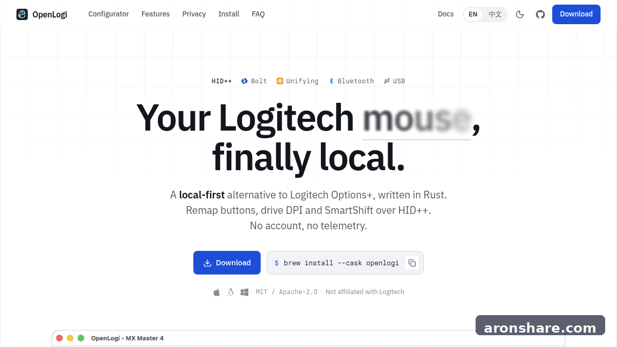 OpenLogi Logitech Options+ 替代工具，开源管理罗技鼠标键盘