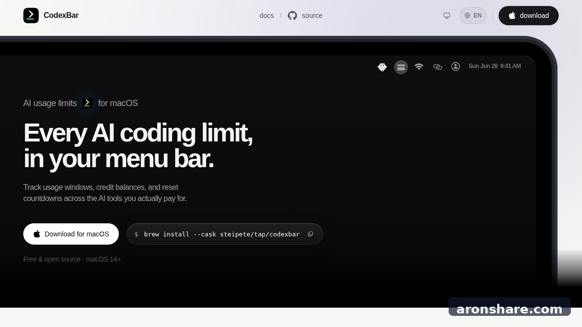 CodexBar 开源的 AI编程工具用量监控软件（支持 Cursor / Claude 等50+ 个 AI 服务）